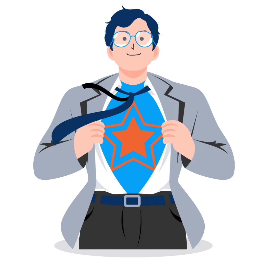 Illustration of a business owner opening his shirt to reveal a superhero star